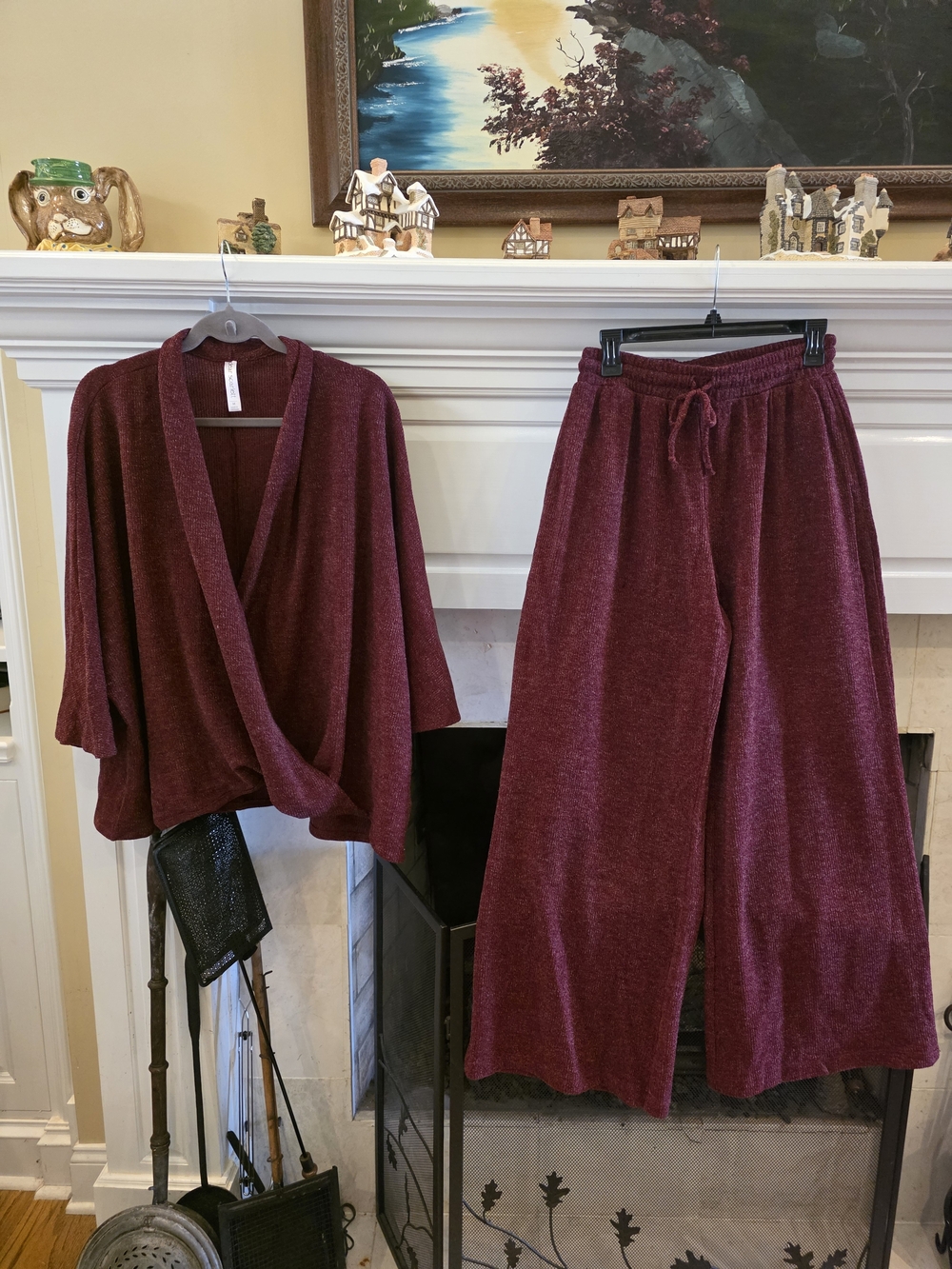 Cozy Wide-Leg Knit Pants & Draped Cardigan Set in Burgundy